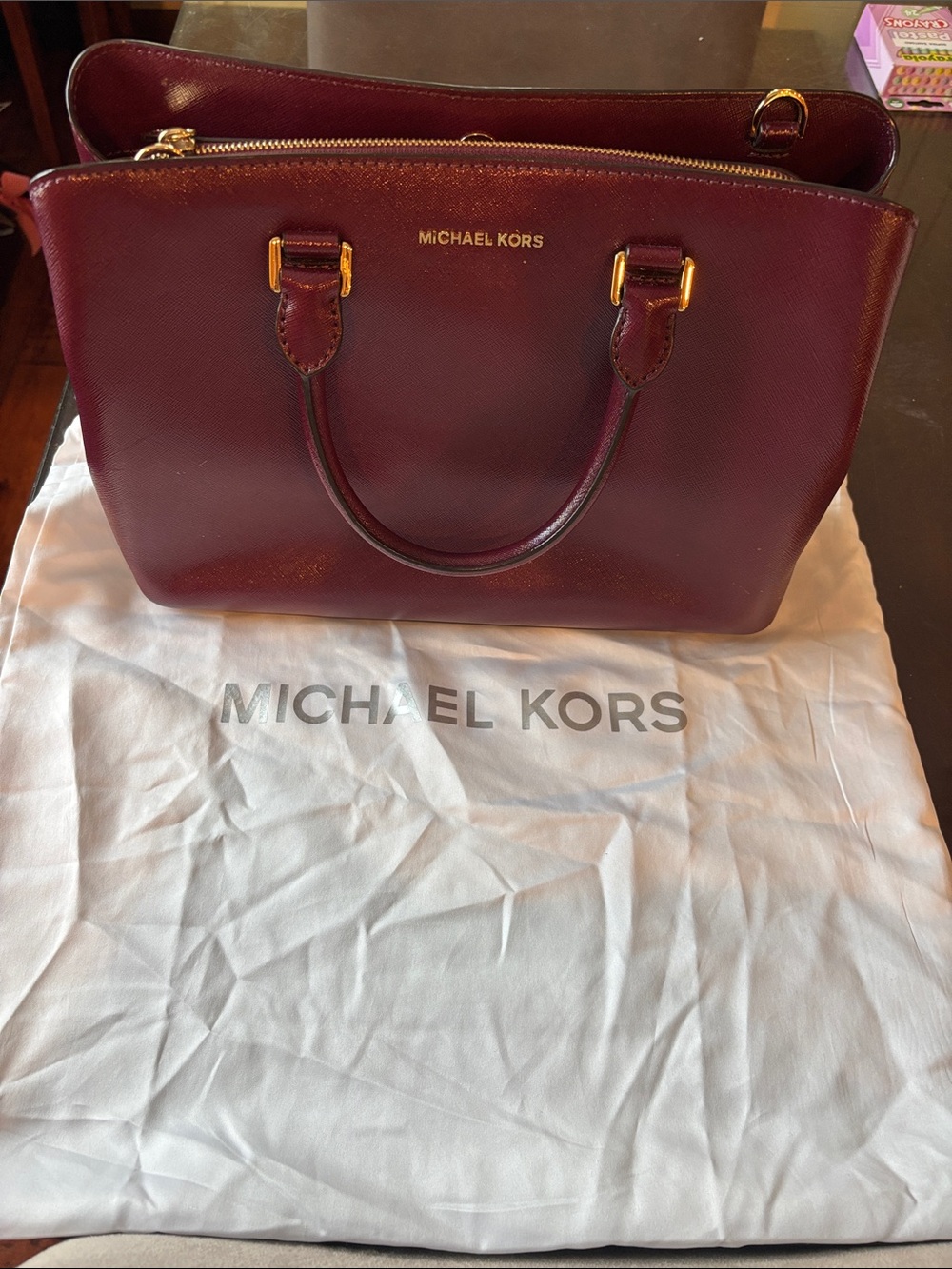 MICHAEL KORS Wine Saffiano Leather Satchel with Gold Hardware